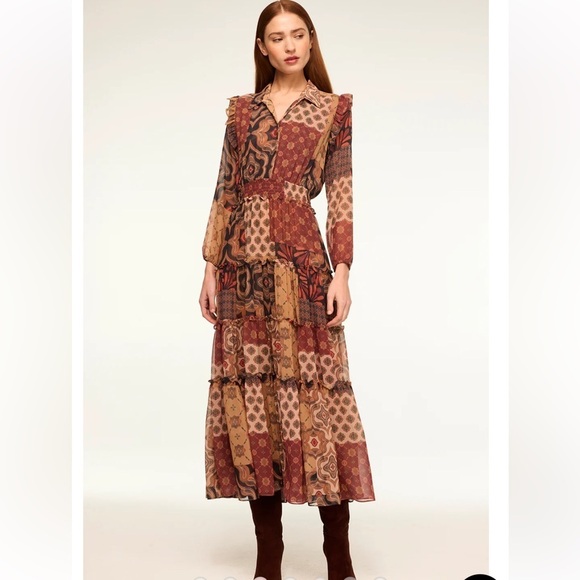 Misa Brown Tan Patchwork Long Sleeve Ahreana Dress - Picture 12 of 12